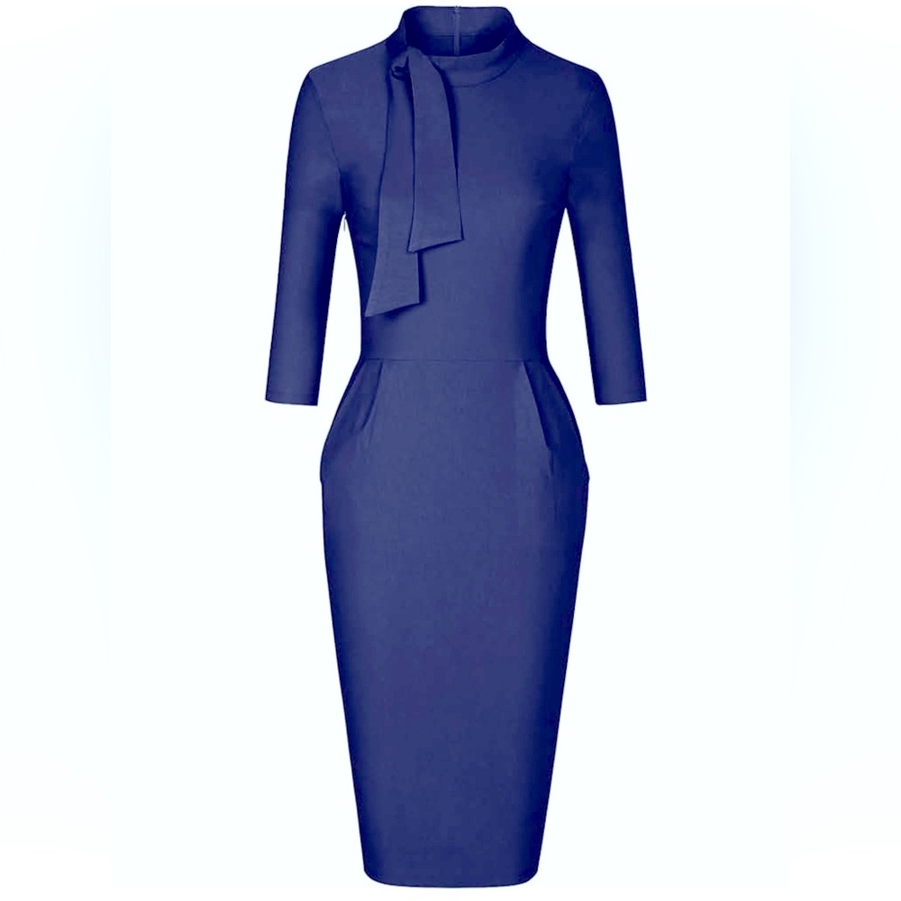 Elegant Royal Blue Midi Sheath Dress with Neck Tie